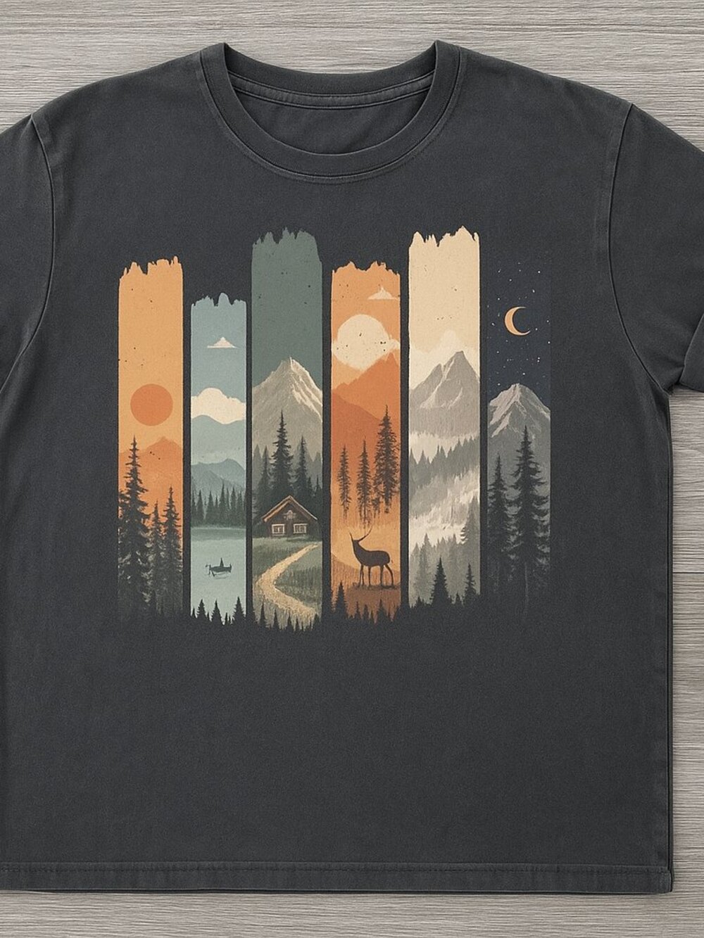 Mountain Cabin Nature Panel Vintage Landscape Graphic Tee Black
